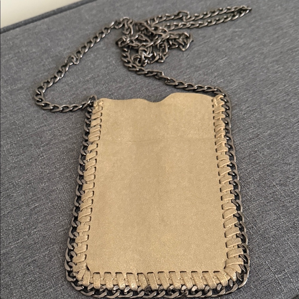 Crossbody Phone Pouch in Taupe with Gunmetal Chain